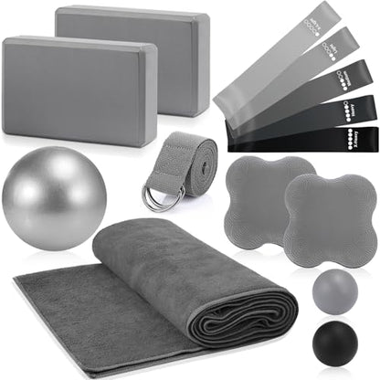 Simgoing 14 Pcs Yoga Kits for Home Workouts Pilates Equipment Set for Women Beginners, Hot Yoga Towel Blocks Strap, Knee Pad, Resistance Loop Exercise Band, Massage Lacrosse Ball, Pilates Ball - color: Gray