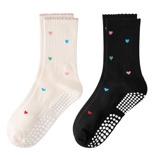 Women's Pilates Grip Socks, Ruffle Non Slip Bow Pattern Yoga Socks | Grippy, Frilly Trim, Embroidery, Crew Length, Soft Cotton, Arch Support, for Barre Ballet Dance Workout Hospital Home Gifts - color: D03-black + Apricot
