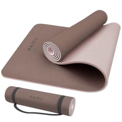 PAIDU POE Yoga Mat （10mm）Extra Thick Fitness Mat 72"x24" with Carry Strap - color: Dark Brown & Beige