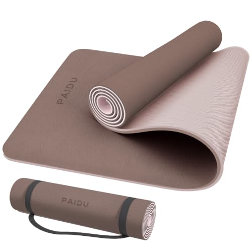 PAIDU POE Yoga Mat （10mm）Extra Thick Fitness Mat 72"x24" with Carry Strap - color: Dark Brown & Beige
