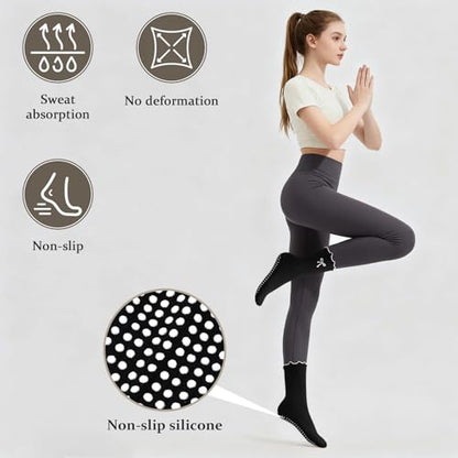Women's Pilates Grip Socks, Ruffle Non Slip Bow Pattern Yoga Socks | Grippy, Frilly Trim, Embroidery, Crew Length, Soft Cotton, Arch Support, for Barre Ballet Dance Workout Hospital Home Gifts - color: B09-bow-white+black