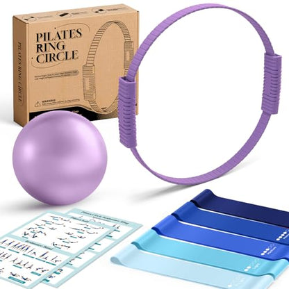 Pilates Kit, 13.5" Pilates Ring with Mini Ball & Resistance Bands | Home Pilates Equipmen Set, Magic Circle Ring with Anti-Slip Handles for Beginners, Workout Guide Included - color: Pilates Kit - Purple