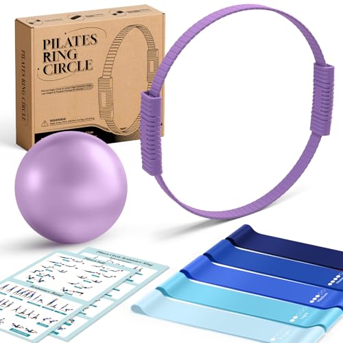 Pilates Kit, 13.5" Pilates Ring with Mini Ball & Resistance Bands | Home Pilates Equipmen Set, Magic Circle Ring with Anti-Slip Handles for Beginners, Workout Guide Included - color: Pilates Kit - Purple