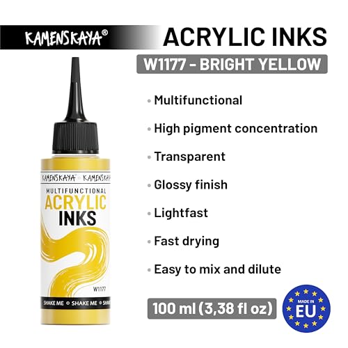 Kamenskaya Acrylic Inks, Bright Yellow Acrylic Ink, 3.38 Fl Oz (100 ml) | Highly Concentrated, Multifunctional Liquid Acrylic Paint - color: Bright Yellow