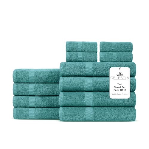 Villa Celestia 12-Piece 100% Cotton Towel Set, 4 Bath Towels, 4 Hand Towels, 4 Wash Cloth, Quick-Dry, Teal - color: Teal, size: Towel Set - Pack of 12