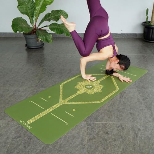 Liforme Printed Yoga Mat - Patented Alignment Design, Ultimate Grip | Eco-friendly, Non-Toxic, Sweat-Resistant, long, wide, 4.2mm thick mat for comfort, recommended for Hot Yoga, Free Yoga Bag - color: Paisley - Olive