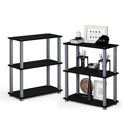 Furinno TURN-S-TUBE 보관 선반 2개 세트, 3단 책장, 코너 선반, 도구가 필요 없는 오픈 선반, 사각형 튜브, 정리 및 보관용, 거실, 차고, 홈 오피스, 블랙 - color: 블랙/그레이., size: 3단 정사각형 튜브 (세트)