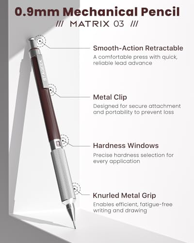 STAGEEK 0.9mm Mechanical Pencil, Drawing Pencil, with Eraser, 40 HB Leads | Professional Metal Art & Drafting Pencil, for Artists, Students, School, Office, Writing, Sketching, Brown - color: Brown