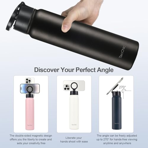 Insulated Water Bottle with Magnetic Phone Holder Compatible with MagSafe and iPhone,Double-Sided Magnet,Hot 12H Cold 24H,Stainless Steel Water Bottle Phone Mount for Sports Travel,24oz (Pink) - color: Pink