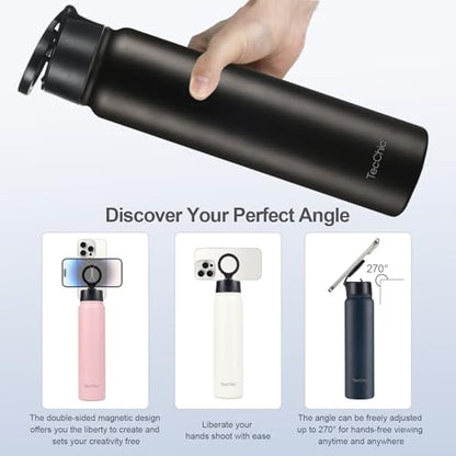 Insulated Water Bottle with Magnetic Phone Holder Compatible with MagSafe and iPhone,Double-Sided Magnet,Hot 12H Cold 24H,Stainless Steel Water Bottle Phone Mount for Sports Travel,24oz (Pink) - color: Pink