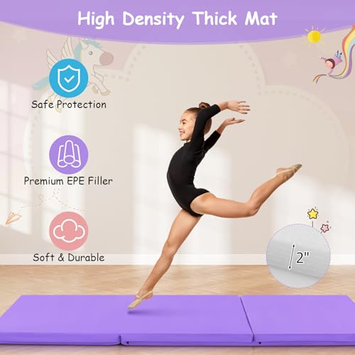 Giantex 6'x 2' Gymnastics Mat, 2" Thick Folding Tumbling Mat with Hook and Loop Fastener, Foldable Gym Mat with Carrying Handles, Cheer Mats for Kids Adults Home Exercise Aerobics Fitness - color: Purple
