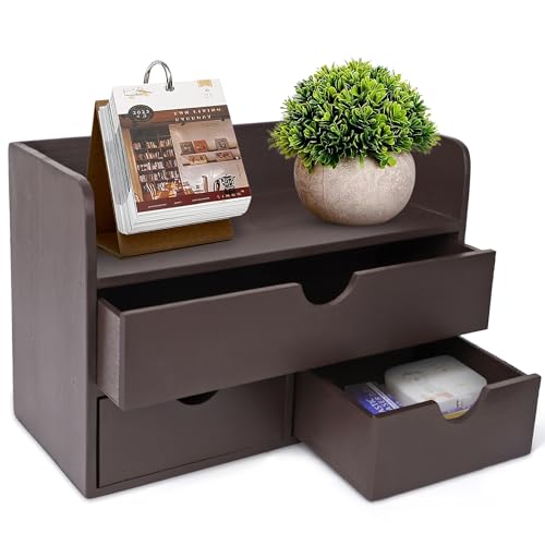 Besti Wooden Office Desk Organizer - Organizing Tool for Desktop, Cubicle, Bedroom, Kitchen - Vintage Style Organization Caddy with Top Tray Shelf & 3 Drawers - 13.6x9x7 Inches (Dark Brown) - color: Dark Brown
