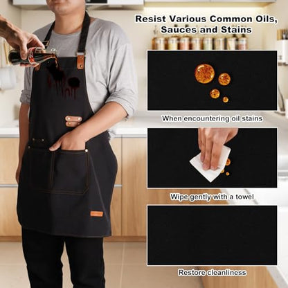 Chef Aprons for Women Men with Pockets(Functional and Large), Oil-Repellent & Water-Resistant Heavy-Duty Black Canvas with Adjustable Straps, Full-Coverage Protection for Cooking, Kitchen