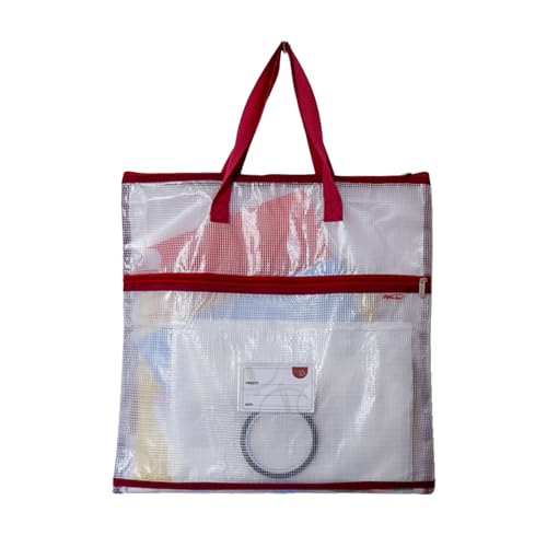 Madam Sew Project Bag - Craft Bag Organizer Tote with Handles, Two Pockets, See-Through Mesh, and Card Slot – Perfect for Quilting, Knitting, Stitching and Embroidery Projects Storage - 16”x16” - color: DARK RED
