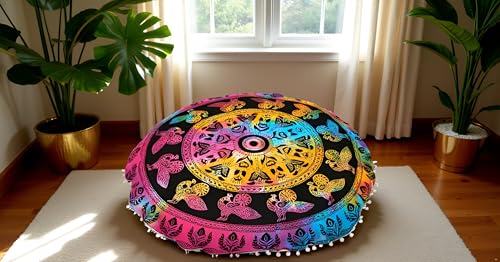 Large Round seat Floor Cushion Cover Chair Ottoman Cover Pouf Pillow Meditation Floor Cushion Covers for Adults Seating pouffe Ottoman Throw Covers Multi Peacock 32" Round