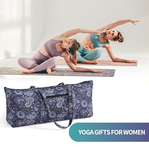 Boulder Bee | Yoga Mat Bag | Large Yoga Mat Carrier with Wet Pocket | Yoga Gifts | Gym Tote Bag for Women - color: Tote-Blue Cashew Flower
