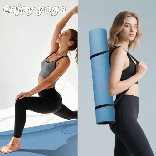 Large Exercise Mat | 10mm Thick TPE Non-slip Gym Mats, Carrying Strap - color: blue/black