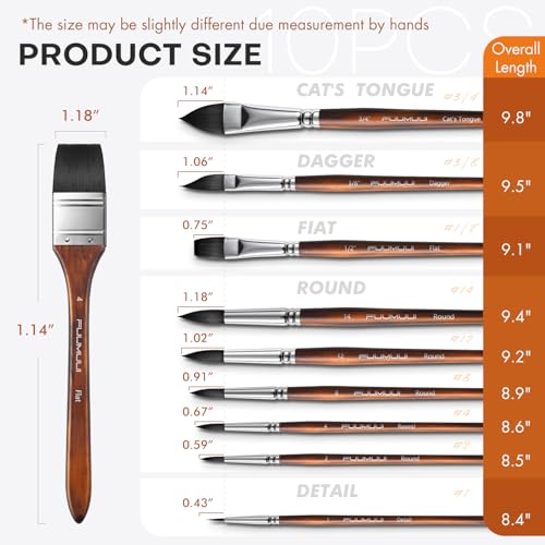Fuumuui Professional Watercolor Brushes - 10Pcs Synthetic Squirrel Hair Paint Brush Set with Wide Flat, Round, Detail, Dagger, Cat's Tongue for Watercolor Gouache Inks Painting - color: Brown