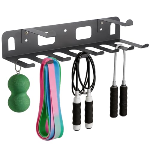 Wall Mounted Gym Storage Rack with 8 Hooks, Metal Resistance Band Holder with Top Shelf for Yoga Mat, Workout Equipment Organizer for Jump Ropes Weight Belts Straps Home Gym Accessories