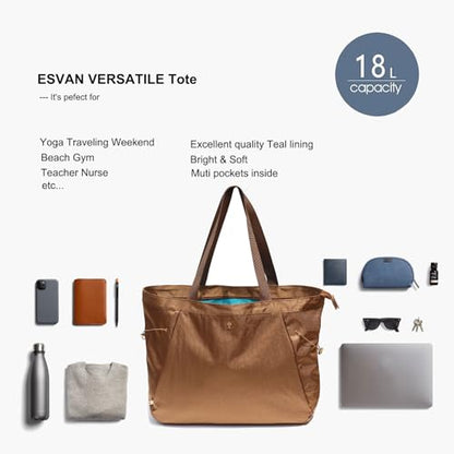 ESVAN Yoga Tote Bag for Women Shoulder Bags Drawstring for Office Workout Travel Carryall Pilates Gym and Beach - color: Nylon Golden
