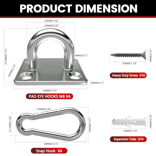 sprookber 304 Stainless Steel Pad Eye Snap Hook,M8 Ceiling Hook 1200Lb,8Pcs | Hanging Kit with Screws for Hammock Chair Swing, Yoga Gym Equipment, Sun Shade Sail, Plant Hangers & Marine Boat Hardware - size: 3.15 inch, style: Square