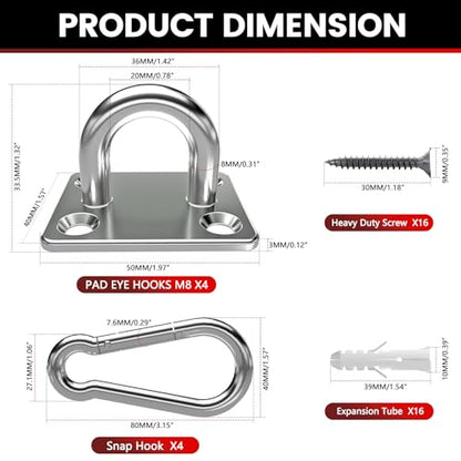 sprookber 304 Stainless Steel Pad Eye Snap Hook,M8 Ceiling Hook 1200Lb,8Pcs | Hanging Kit with Screws for Hammock Chair Swing, Yoga Gym Equipment, Sun Shade Sail, Plant Hangers & Marine Boat Hardware - size: 3.15 inch, style: Square