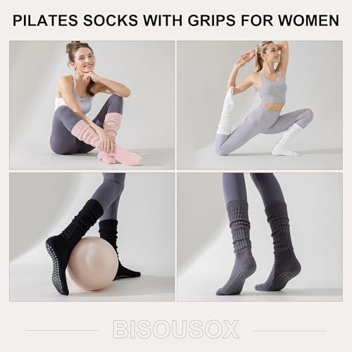 Pilates Grip Socks for Women, Non Slip Scrunch Yoga Socks for Home, Workout - color: 3pairs-blackwhitegrey