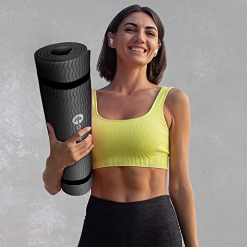 GYMENIST Thick Exercise Yoga Floor Mat Nbr 24 X 71 Inches, Great for Camping Cardio Workout Pilates Gymnastics - color: Black