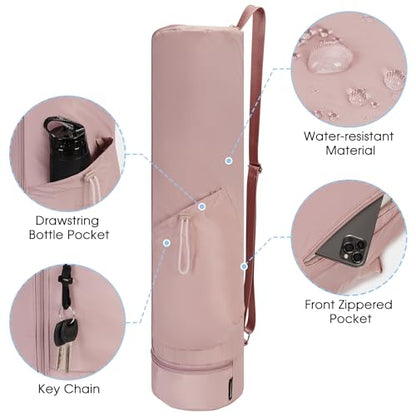 sportsnew Yoga Mat Bag Drawstring Pocket-Full Zip Cargo Yoga Mat Carrier Bag with Water Bottle Pocket and Bottom Wet Pocket Exercise Yoga Mat Carrier Multi-Functional Storage Bag, Pink & Pink