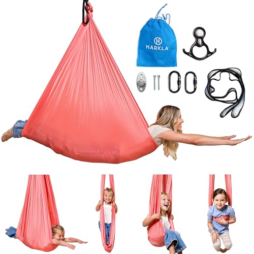 Harkla Sensory Swing for Kids & Adults, Holds 300lbs, Indoor Swing | Hug Like Calming Effect and Durable Soft Stretch Fabric - Easy Assembly, Heavy Duty Hardware and 3rd Party Tested - color: Pink, size: 110" Swing + No Swivel