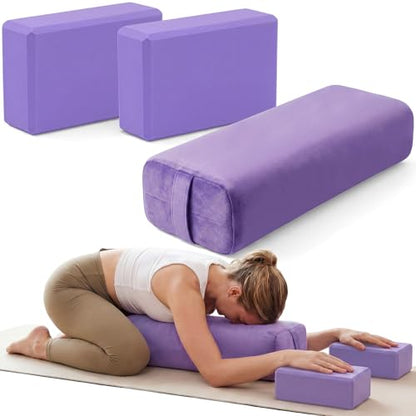 Chalyna 3 Pcs Yoga Bolster Pillow & Yoga Blocks Set Stretching and Back Support Lightweight Foam Blocks Portable Handle Soft Non-slip Surface Reusable for Pilates Meditation Balance Purple