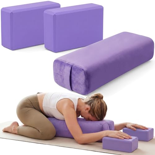Chalyna 3 Pcs Yoga Bolster Pillow & Yoga Blocks Set Stretching and Back Support Lightweight Foam Blocks Portable Handle Soft Non-slip Surface Reusable for Pilates Meditation Balance Purple