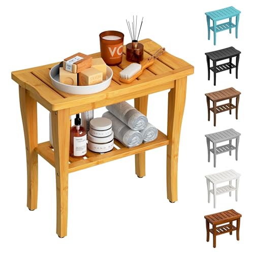 Bamboo Shower Bench Stool with Storage Shelf, Waterproof Shower Chair Spa Bath Seat, Shower Stool for Inside Shower, Bathroom Bench Seat for Adults Elderly Seniors for Indoor or Outdoor Use - color: Natural