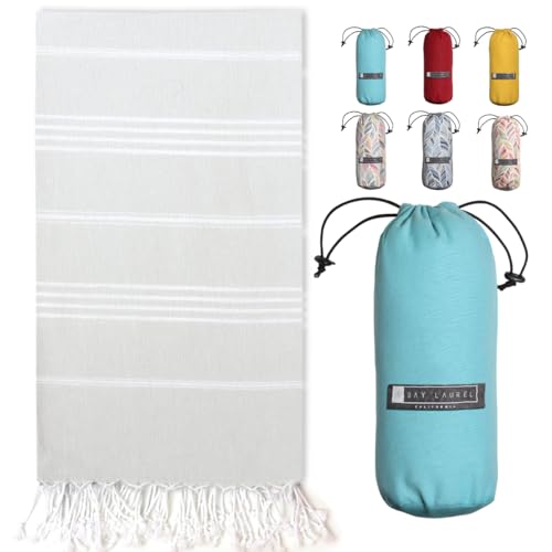 BAY LAUREL Turkish Beach Towel with Travel Bag 39 x 71 Quick Dry Sand Free Lightweight Large Oversized Towels Light - (Pale Grey with Turquoise) - color: Pale Grey With Turquoise