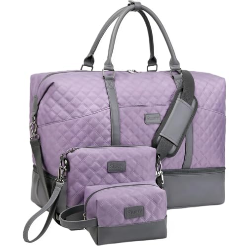 Weekender Bag, Large Travel Duffel Bag for Women, Carry on Overnight Bag with Shoe Compartment and Toiletry Bags - color: A-Purple