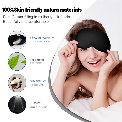 Silk Sleep Mask, Blackout Eye Mask for Sleeping with Adjustable Strap | Light-blocking Blindfold for Men & Women Pressure-Free, Soft Eye Cover Eyeshade for Side Sleeper, for Travel Naps (Black) - color: Black