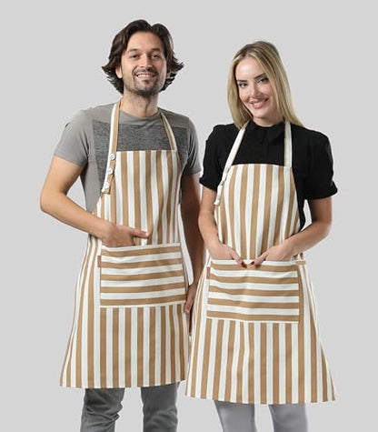 TOSHEX Kitchen Apron Cotton Waterdrop Resistant Adjustable Button Women Men | Premium Cotton Cooking Apron with Pocket. Striped, Gift, Brown - color: Brown