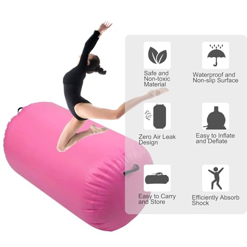 Inflatable Air Roller Mat with Pump for Gymnastics Training - color: pink+pump, size: length 100cm,diameter 60cm