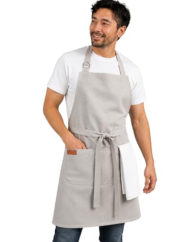 100% Cotton Kitchen Apron with 2 Pockets – Adjustable Chef Apron for Cooking Baking BBQ – Unisex Apron - color: Light Grey