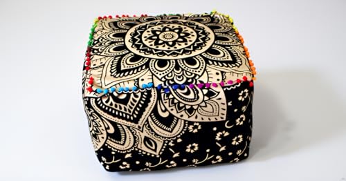 CRAFT KALA Mandala Meditation Floor Pillows Cover Square Pillow Seating Hippie Decorative Adults Bohemian Cushion Cover Outdoor Living Room Throw Ottoman Poufs Cover 22X22X14 inches, Black Gold Flower - color: Black Gold Flower, size: 22x22x14 inches