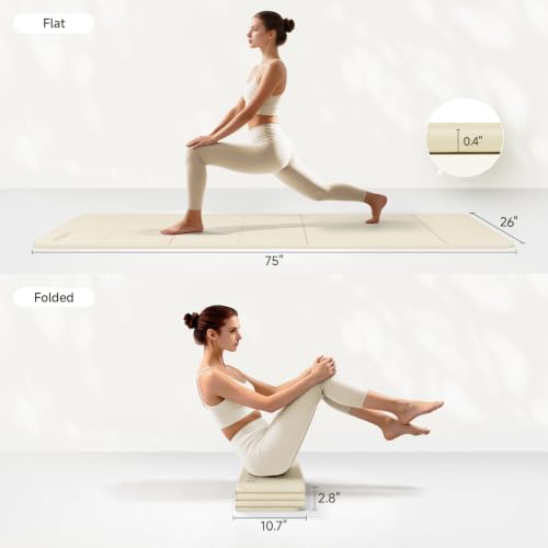 PAIDU Foldable Yoga Mat 10mm Thick, 75"x26" Non-Slip Fitness Exercise Mat - color: Beige