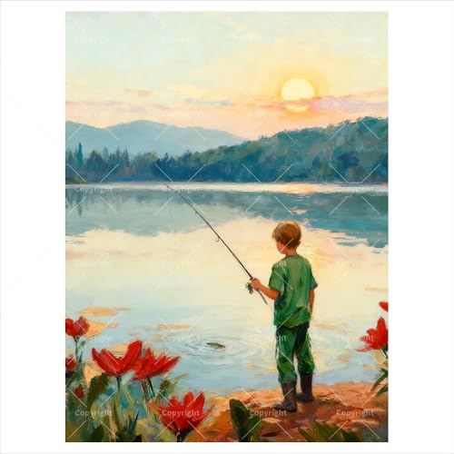 Fishing Scene Paint by Numbers Kit for Adults - DIY Boy Fishing by the Lake at Sunset Painting on Canvas 16x20 inches, Frameless Acrylic Paint Set, Suitable for Beginners, Art for Home Decoration - color: cyy335