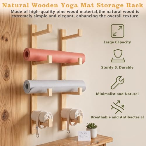 4-Tier Wooden Yoga Mat Holder Wall Mount, Yoga Mat Rack for Home Gym