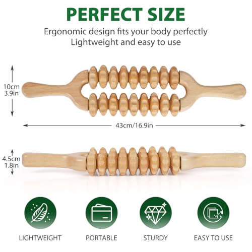 Liitrton Manual Wooden Massage Roller Stick for Muscle Relief, 18-Wheel | Smooth Body Roller, Wood Therapy Massage Tools for Trigger Point Relief, Legs Sore Muscle Recovery - size: 18-Wheel