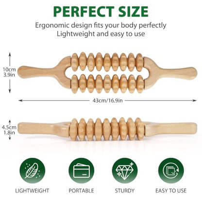 Liitrton Manual Wooden Massage Roller Stick for Muscle Relief, 18-Wheel | Smooth Body Roller, Wood Therapy Massage Tools for Trigger Point Relief, Legs Sore Muscle Recovery - size: 18-Wheel