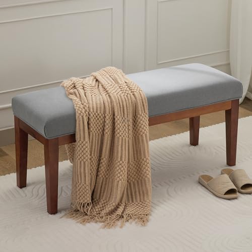 WUTUTUEE 43.5'' Linen Bedroom Bench, Upholstered End of Bed Bench, Padded Vintage Dining Bench, Entryway Bench with Solid Wood Legs, Kitchen, Living Room, Hallway, Light Grey - color: Light Grey-linen