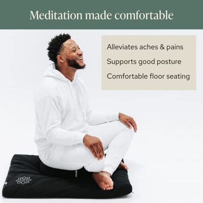 Mindful & Modern Meditation Cushion & Zabuton Meditation Mat Bundle - 100% Cotton Meditation Cushion Set for Yoga - Buckwheat Crescent Shaped Zafu Floor Pillow Rectangular Mat - Minimal Black Color