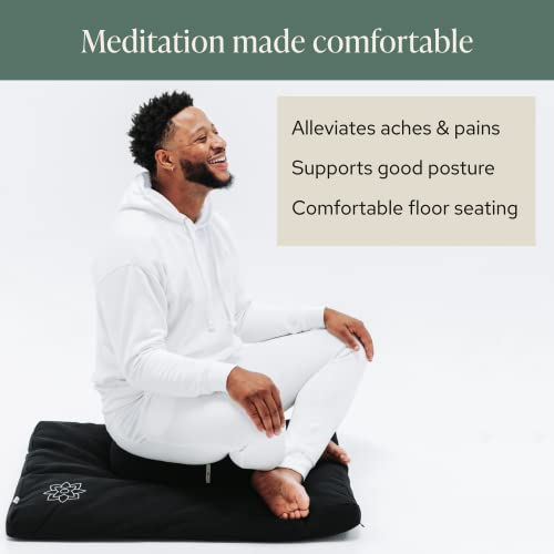 Mindful & Modern Meditation Cushion & Zabuton Meditation Mat Bundle - 100% Cotton Meditation Cushion Set for Yoga - Buckwheat Crescent Shaped Zafu Floor Pillow Rectangular Mat - Minimal Black Color
