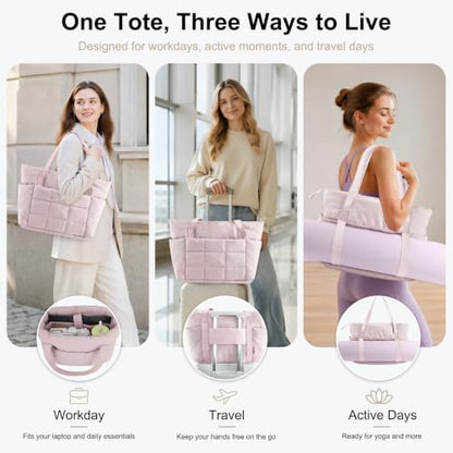 U+U Puffer Tote Bag for Women, Quilted Work Tote with Compartments | Work-to-Travel Design with Yoga Mat Strap - color: Dusty Pink