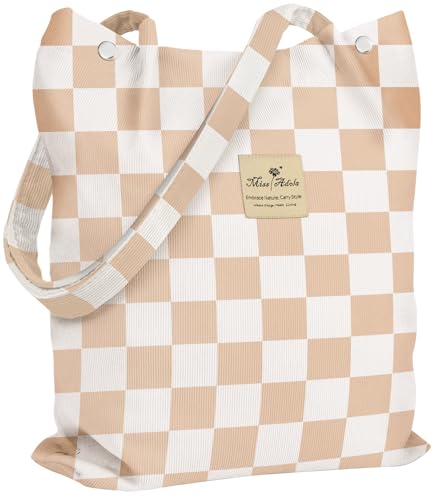 Miss Adola Corduroy Tote Bag for Women with Aesthetic Design | Magnetic Buckle & Pocket, Reusable, Soft, Roomy, Long Shoulder Handles, Double-sided Print, Casual Daily Work, Grocery Bags - color: Khaki Plaid
